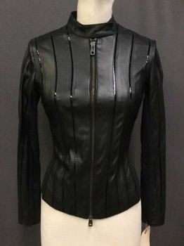 EMPORIO ARMANI, Black, Stripes, Lamb Leather with Viscose Patent Leather Stripes, Zip Front, Band Snap Collar, Sides/Underarms Knit Fabric