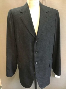 Mens, Suit, Jacket, 1890s-1910s, DOMINIC GHERARDI, Charcoal Gray, Wool, Solid, 44L, Single Breasted, 4 Buttons, Notched Lapel, Frock Coat Length, Multiples,