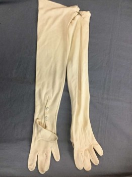 Womens, Gloves 1890s-1910s, Cream, Silk, Knit, 2 Snaps at Wrist, Trio of Pin Tucks on Back of Hand, Long Length,