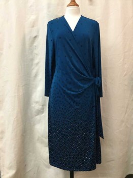 ANNE KLEIN, Teal Blue, Black, White, Synthetic, Floral, Teal Blue, Black/white Floral Print, Cross Over & Gathered at Waist, 3/4 Sleeves, V-neck,