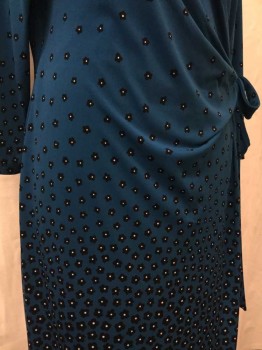 ANNE KLEIN, Teal Blue, Black, White, Synthetic, Floral, Teal Blue, Black/white Floral Print, Cross Over & Gathered at Waist, 3/4 Sleeves, V-neck,