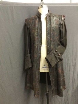 Mens, Coat, M.T.O., Dk Brown, Copper Metallic, Leather, Cotton, 42, 1700s Influenced Frock Coat, Open Front with Collar Band, Oversized Gauntlet Cuffs with 3 Leather Buttons. Floral Lace Lazer Cut Work Lace, Leather with Copper Threading Cotton Moleskin Sleelves