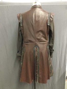 M.T.O., Dk Brown, Copper Metallic, Leather, Cotton, 1700s Influenced Frock Coat, Open Front with Collar Band, Oversized Gauntlet Cuffs with 3 Leather Buttons. Floral Lace Lazer Cut Work Lace, Leather with Copper Threading Cotton Moleskin Sleelves