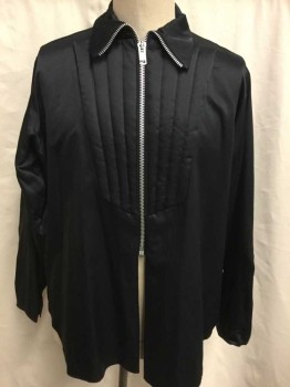 Mens, Sci-Fi/Fantasy Piece 1, N/L, Black, Silver, Polyester, Rayon, Solid, 17.5 N, Satin, Long Sleeves, Chunky Metal Zipper At Front, Collar Attached, Quilted Panel with Vertical Seams At Center Front Chest & Padding At Elbows, Made To Order