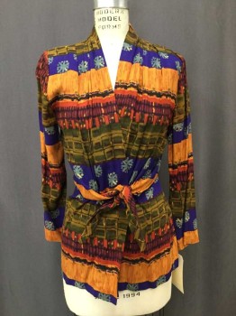 SHARON ANTHONY, Purple, Olive Green, Orange, Maroon Red, Blue, Rayon, Abstract , Stripes, Long Sleeves, Surplice Shirt, Self Tie Waist, Pleated Shoulders, Shoulder Pads