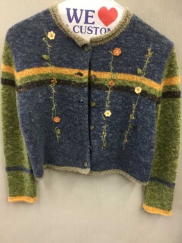 Childrens, Cardigan Sweater, Blue, Green, Gold, Brown, Wool, Viscose, Floral, Stripes, 7/8, Girls Blue Grn Gold Stripe Cardigan with Embroidered Floral Stripes See Photo Attached,