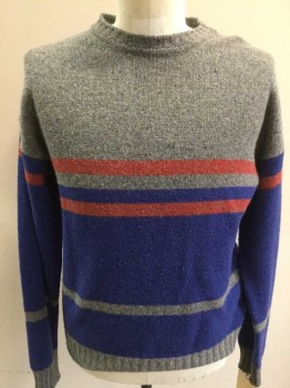 RAF By RAF SIMONS, Gray, Red, Blue, Wool, Stripes, Crew Neck, Long Sleeves, Gray Flecked with Blue and Yellow