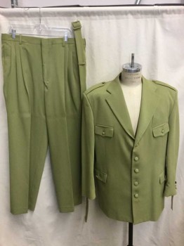 Mens, 1970s Vintage, Suit, Jacket, SAN CARLO, Moss Green, Synthetic, Solid, 36/31, 46R, Sports Coat, Pants, Belt - Notched Lapel, 5 Buttons, 4 Pockets,