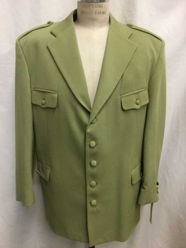 Mens, 1970s Vintage, Suit, Jacket, SAN CARLO, Moss Green, Synthetic, Solid, 36/31, 46R, Sports Coat, Pants, Belt - Notched Lapel, 5 Buttons, 4 Pockets,
