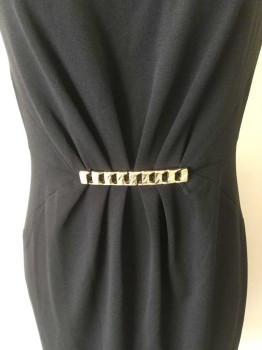 CALVIN KLEIN, Black, Gold, Polyester, Synthetic, Solid, Black, Round Neck,  Gather Front Center at Waist W/gold Rectangle Bar, Seams Work at Waist Line, Sleeveless, Zip Back,