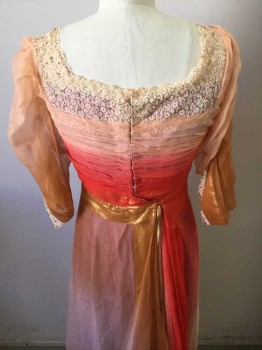 Womens, Evening Dress 1890s-1910s, MTO, Hot Pink, Blush Pink, Gold, Mustard Yellow, Lavender Purple, Silk, Cotton, Ombre, Floral, W25, B34, Crinkle Chiffon Ombre Dyed with Gold Thread, Ivory Cotton Lace at Neckline and Bodice, Short Sleeves with Seed Beads on the Lace, Pick Up in the Skirt on the Left Side, Train Hem, Condition Excellent,