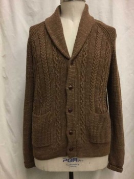 JCREW, Brown, Cotton, Heathered, Cable Knit, Heather Brown, Button Front, 2 Pockets,