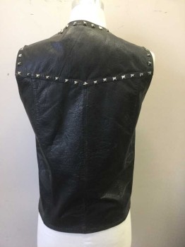 Mens, Leather Vest, LUCKY LEATHER, Black, Silver, Leather, Metallic/Metal, Solid, XL, Silver Pyramid Studs at Shoulders and Western Style Yoke, Snap Front, V-neck, 2 Pockets, Black Lining