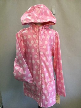 Childrens, Coat, CHEROKEE, Pink, White, Poly Vinyl Cloride, Polyester, Polka Dots, 14/16, XL, Zip Front, 2 Patch Pockets, Polyurethane, Hooded, Rain Coat, See Photo Attached,
