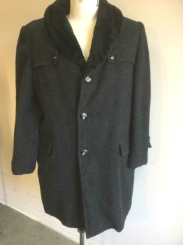 Mens, Coat, MARK V, Black, Charcoal Gray, Wool, Stripes, Solid, 46R, Black/Charcoal Diagonal Stripe Heavy Wool, Black Plush Shawl Lapel and Lining, Single Breasted, 3 Buttons,  2 Pockets  **Has Some Holes/Wear at Left Cuff