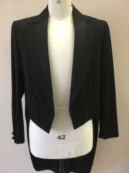 Mens, Tailcoat 1890s-1910s, DOMINIC GHERARDI, Black, Wool, Polyester, Solid, 42, Double Breasted, Peaked Lapel, Satin Panel On Lapel, Satin Fabric Covered Buttons, Made To Order,