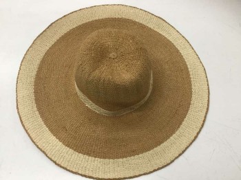 Womens, Straw Hat, J.JILL, Caramel Brown, Cream, Straw, Solid, O/S, Wide Brim Sun Hat, Caramel Straw with Cream 1.5" Wide Stripe at Brim and 1" Wide Stripe at Crown