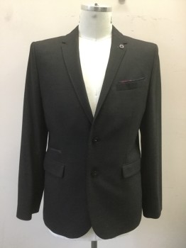 TED BAKER, Charcoal Gray, Wool, Birds Eye Weave, Single Breasted, Collar Attached, Notched Lapel, Hand Picked Collar/Lapel, 4 Pockets, Faux Navy/burgundy Pocket Square, Multi Color Flower on An Easel Silk Lining