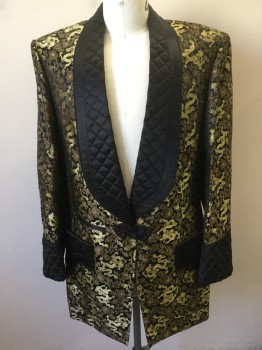 Mens, Smoking Jacket, DROP DEAD COLLECTION, Black, Antique Gold Metallic, Bronze Metallic, Silk, Asian Inspired Theme, Solid, 42L, Dragon and Floral Motif Brocade,  Quilted Shawl Lapel/Pocket Detail/Cuffs with Cording Trim, Frog Closure