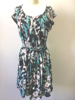LAUREN CONRAD, Black, White, Lt Pink, Mint Green, Polyester, Floral, Black Background with Pastel White, Light Pink, Mint Etc. Floral, Cap Sleeves, Pleated Detail at Scoop Neck, Elastic Waist, Hem Above Knee,  **2 Piece: with Matching Self Fabric Sash BELT