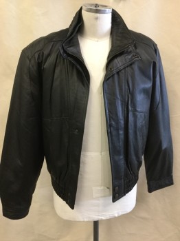 23 RD ST., Black, Leather, Solid, Black with Black Lining, Double Layer Collar Attached, Zip & Snap Front, Long Sleeves, 2 Slant Pockets, Elastic Gathered Hem