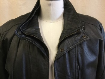 23 RD ST., Black, Leather, Solid, Black with Black Lining, Double Layer Collar Attached, Zip & Snap Front, Long Sleeves, 2 Slant Pockets, Elastic Gathered Hem