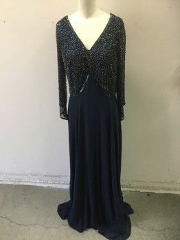 JKARA, Navy Blue, Silver, Polyester, Beaded, 3/4 Sleeves, V-neck, Beaded and Sequin Top, Georgette Skirt, Pullover,