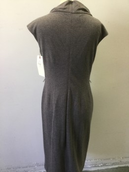 LAFAYETTE, Taupe, Wool, Heathered, Assymetrical Folded Collar That Turns Into a Ruffle, Back Zip, Back Slit, Below Knee Length