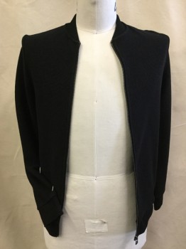 H & M, Black, Cotton, Polyester, Stripes - Horizontal , Black with  Self Horizontal Stripes Texture, Knit Crew Neck,  Long Sleeves Cuffs & Hem, Zip Front, 2 Side Pockets