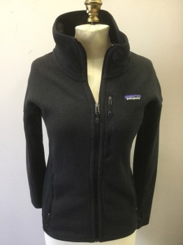 PATAGONIA, Faded Black, Polyester, Solid, Zip Front, Knit, Sweater Like Body with Spandex Under Arm and Sides, Thumb Hole in Sleeve