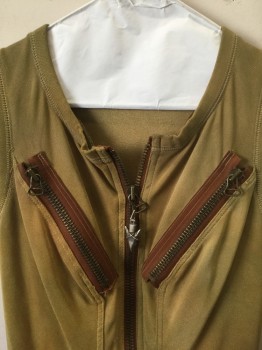 Womens, Sci-Fi/Fantasy Jumpsuit, N/L MTO, Olive Green, Brown, Polyester, Spandex, Solid, B:32-6, S, W:25-8, Olive Stretchy Ribbed Poly/Spandex, Sleeveless, Brown Zipper at Center Front, 2 Brown Zipper Pockets at Chest and 2 More at Hips, Round Neck, Sharktooth Metal Zipper Pull, Elastic Waist, Skinny Legs, Reinforced Crotch, Painted to Look Aged **Multiples