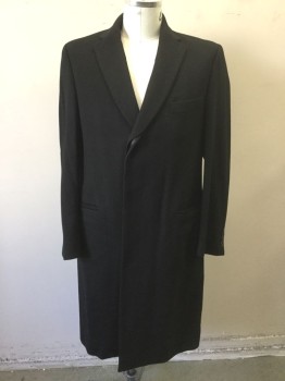 Mens, Coat, Overcoat, PAUL STUART, Black, Cashmere, Solid, 42L, Single Breasted, Notched Lapel, 3 Buttons, Covered/Hidden Button Placket, 3 Pockets, Black Lining