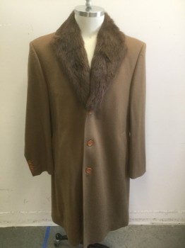 Mens, Coat, Overcoat, CARDO CADDEO/COLUMBO, Caramel Brown, Brown, Wool, Cashmere, Solid, 46, Caramel Brown Wool/Cashmere Blend with Brown Faux Fur Collar, Single Breasted, 3 Buttons,  2 Pockets