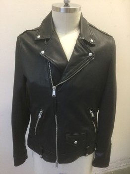 ALL SAINTS, Black, Leather, Solid, Moto Jacket, Zip Front, Silver Zippers, 2 Zip Pockets & 1 Flap Pocket with Silver Snap Closure, Notched Collar with 1 Silver Stud on Each Point, Epaulettes at Shoulders
