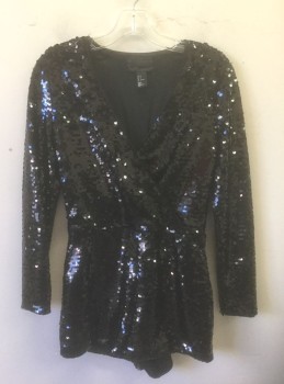 Womens, Romper, H&M, Black, Metallic, Polyester, Sequins, Solid, Sz. 4, Stretch Poly Covered Entirely in Sequins, Long Sleeves, Wrapped Surplice Front, 2" Inseam