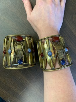 Unisex, Historical Fiction Jewelry, MTO, Brass Metallic, Blue, Red, Metallic/Metal, Scarab Beatle Cuffs, Red Carnelian, Blue Lapis and Agate Cabochons, Long Metal Piece with Chain to Close See Detail Photo,