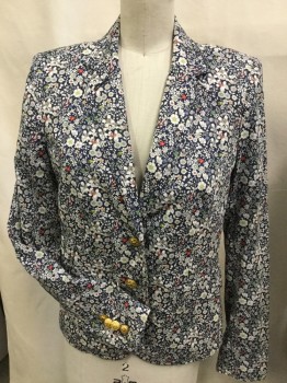 LIBERTY -- J. CREW, Navy Blue, Off White, Red, Pink, Lime Green, Cotton, Floral, Navy with Off White/red/pink/lime/yellow Tiny Floral Print with Navy Lining, Notched Lapel, Single Breasted, 2 Gold Button Front, Long Sleeves,
