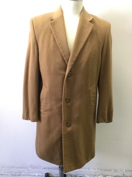 PRONTO MODA, Brown, Cashmere, Solid, Single Breasted, Collar Attached, Notched Lapel, 2 Pockets, Knee Length