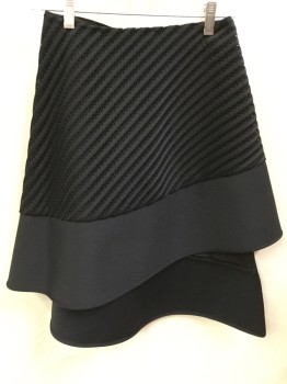 DAVID KOMA, Black, Polyester, Spandex, Solid, Stripes - Diagonal , Black Diagonal Ribbed Texture, 6" Black Solid & Uneven Hem, Wrap Around,