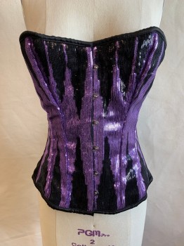 Womens, Corset, EUROTIQUE, Black, Iridescent Purple, Polyester, Color Blocking, S, Purple and Black Sequins, Hook Closures Down Front, Lace Back, Sweetheart Neck