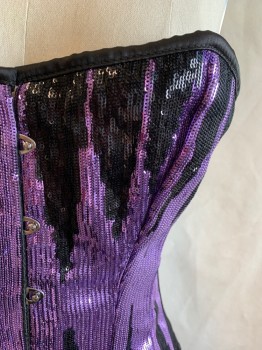 EUROTIQUE, Black, Iridescent Purple, Polyester, Color Blocking, Purple and Black Sequins, Hook Closures Down Front, Lace Back, Sweetheart Neck