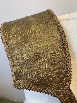 MTO, Gold, Bronze Metallic, Leather, Textured Fabric, Floral, Asymmetrical, Half Bust, Half Shoulder Strap, Zigzag Stitching, Buckle Fastener, Bronze Studs