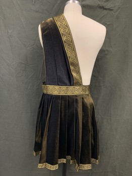 MTO, Gold, Black, Lurex, Greek Key, 2 Color Weave, Greek, Knife Pleat Black/Gold Skirt, Gold Greek Key Ribbon Waistband and Hem Trim, Hook & Eye Closure, Attached Pleated Sash with Greek Gray Ribbon and Gold Braided Trim, Multiple *Barcode Under Waist Flap*