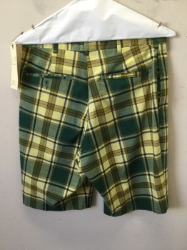 LEVI'S, Dk Green, Navy Blue, Yellow, Lt Brown, Polyester, Plaid, Flat Front, 4 Pockets,