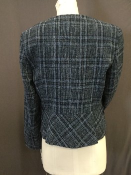 TAHARI, Black, Blue, Lt Gray, Polyester, Acrylic, Plaid, Crew Neck, Front with Hook and Eye Closure And 8 Button Detail at Front, 2 Faux Pocket Flaps, Peplum Lower