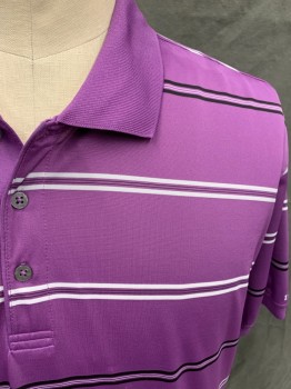 IZOD, Purple, White, Black, Gray, Polyester, Stripes, 3 Buttons,  Ribbed Knit Collar Attached, Short Sleeves, Ribbed Knit Cuff