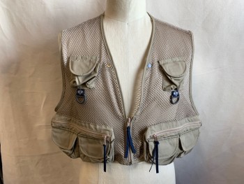 COLUMBIA, Khaki Brown, Polyester, Cotton, Solid, Zip Front, Deep V-neck, Mesh with Lots of Pockets and Zips, Hunting and Fishing