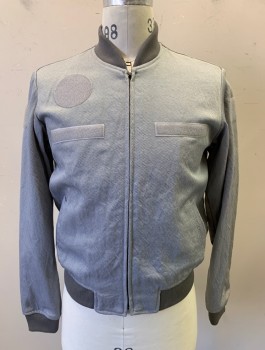 N/L MTO, Gray, Synthetic, Solid, Bumpy Textured Fabric, Bomber Jacket, Zip Front, Rib Knit Neck, Cuffs & Waistband, 2 Pockets, Velcro Patches at Chest and Upper Sleeves, Made To Order