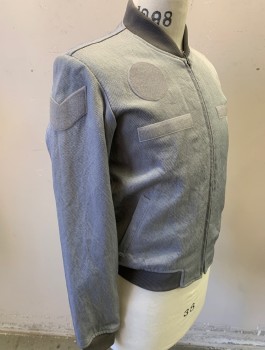 N/L MTO, Gray, Synthetic, Solid, Bumpy Textured Fabric, Bomber Jacket, Zip Front, Rib Knit Neck, Cuffs & Waistband, 2 Pockets, Velcro Patches at Chest and Upper Sleeves, Made To Order