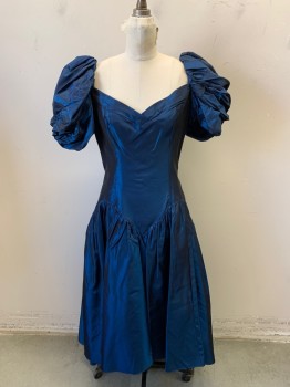 Womens, Evening Gown, NL, Royal Blue, Polyester, Solid, W30, B34, Short Sleeves, Zip Back, Sweetheart Bateau/Boat Neck, Puff Sleeves, Dropped Waisted, Gathered Skirt, High Low Hem,